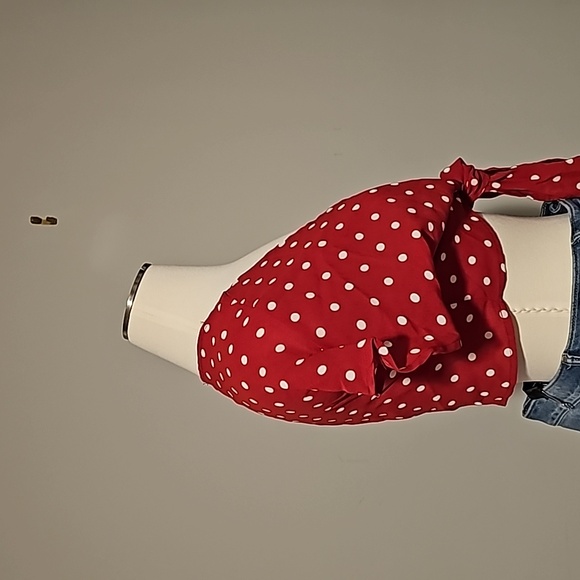 Red White PolkaDot Tie Front Crop Top Retro Flirty Sleeves Versatile - Picture 4 of 11